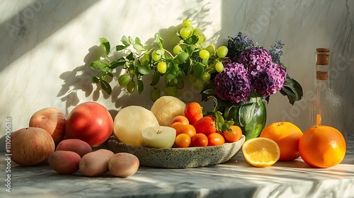A bright and airy arrangement of healthy foods on a stone surface