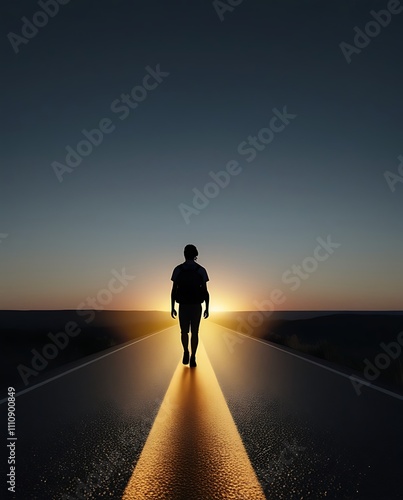 Solitary Traveler Walking Towards Sunset On Road