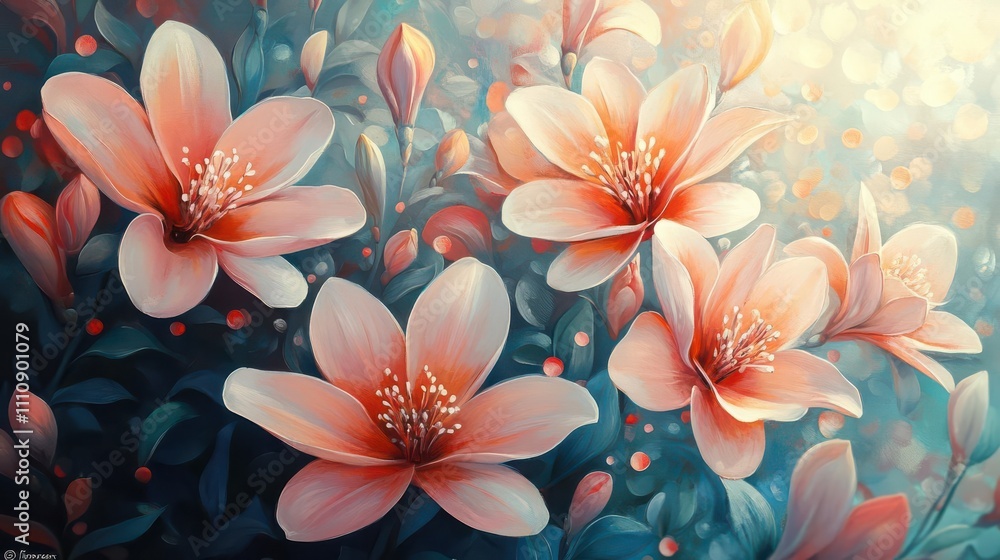 Illustrate a symphony of blooming flowers and swirling tendrils in a serene garden setting using pastel colors in traditional oil painting technique Illustrate a symphony of blooming flowers and swirling tendrils in a serene garden setting using pastel colors in traditional oil painting technique
