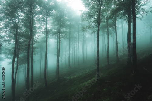 Misty Forest Trees Enveloping Hillside