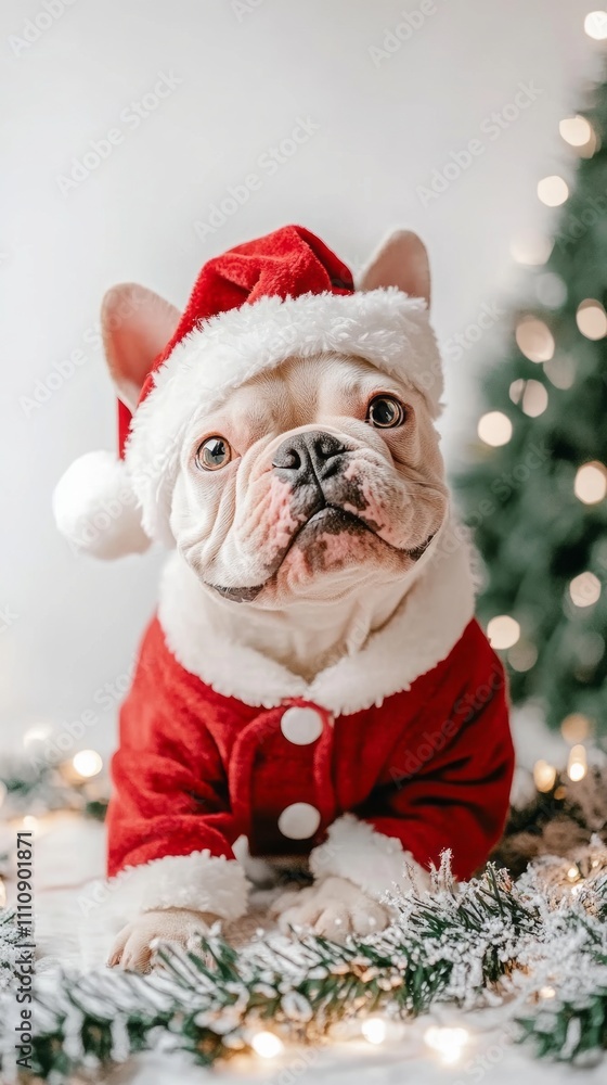 Joyful bulldog in festive Santa outfit poses cheerfully beside a decorated Christmas tree, spreading holiday spirit and warmth Joyful bulldog in festive Santa outfit poses cheerfully beside a decorated Christmas tree, spreading holiday spirit and warmth
