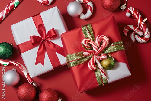 Christmas presents wrapped with ribbon surrounded by baubles and candy canes on a vibrant red backdrop for holiday cheer