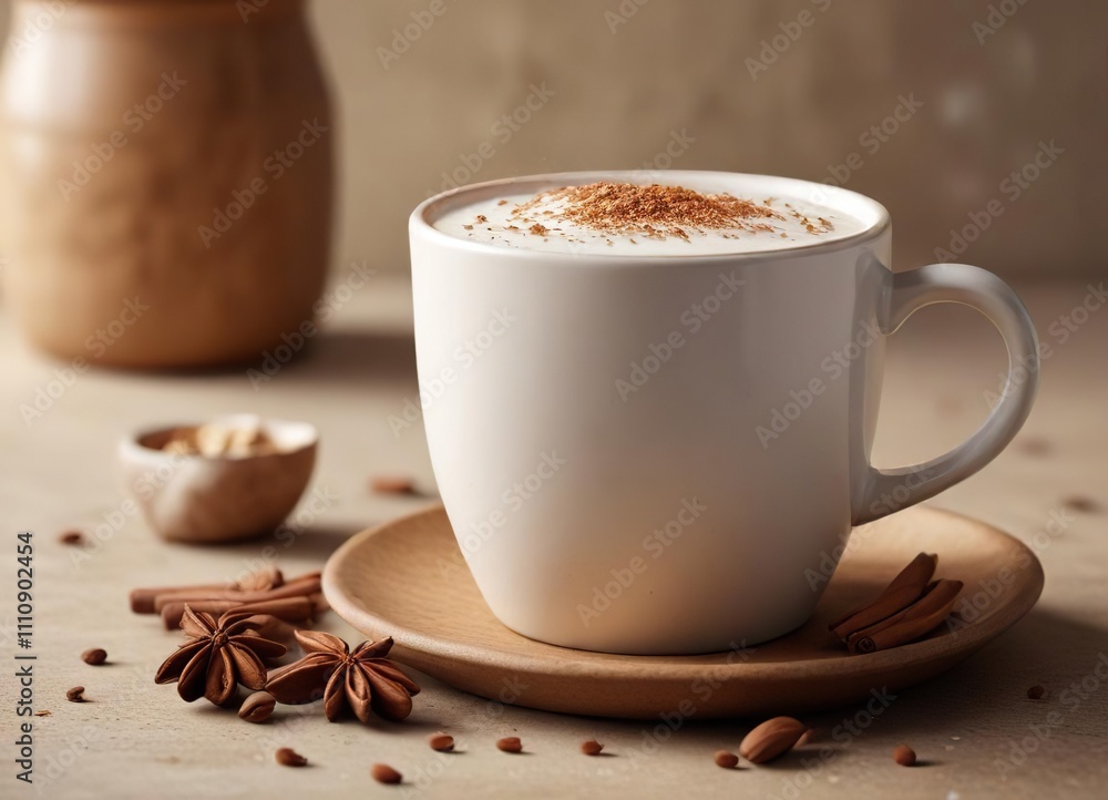 Chai latte in a large ceramic mug with a sprinkle of nutmeg on top, aromatic flavors, spiced latte, nutmeg topping Chai latte in a large ceramic mug with a sprinkle of nutmeg on top, aromatic flavors, spiced latte, nutmeg topping