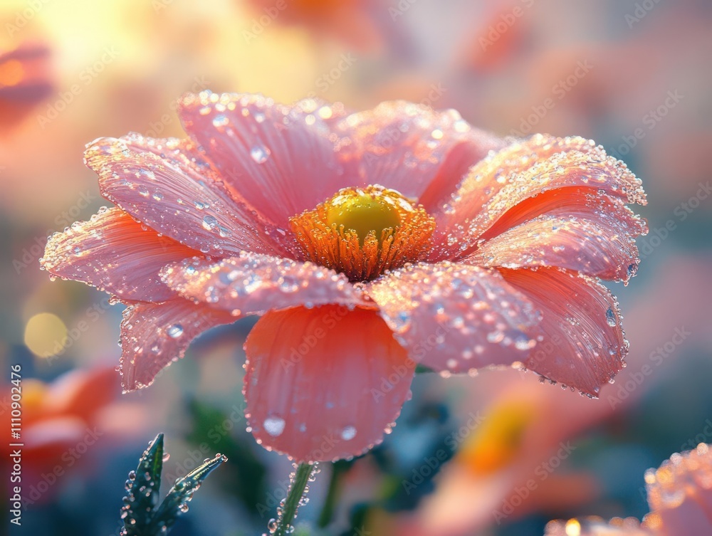 Macro Shot of Dew Drops on Blossoming Flower, Displaying Lifes Renewal in CG 3D, Crisp and Starkly Realistic Macro Shot of Dew Drops on Blossoming Flower, Displaying Lifes Renewal in CG 3D, Crisp and Starkly Realistic