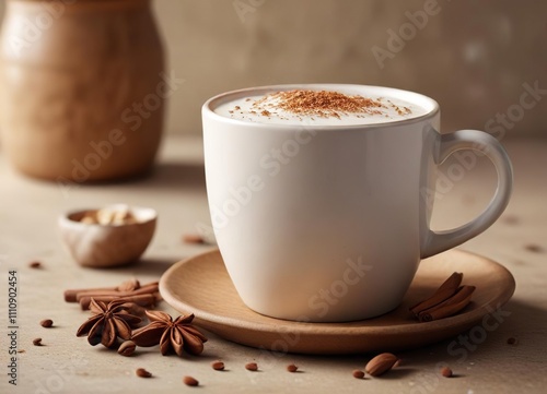 Chai latte in a large ceramic mug with a sprinkle of nutmeg on top, aromatic flavors, spiced latte, nutmeg topping