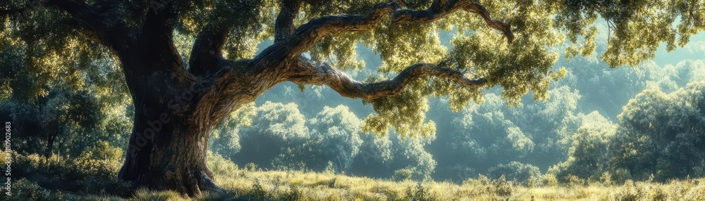 Majestic Oak tree standing tall in a lush forest, capturing the essence of growth with detailed bark textures and intricate green foliage, rendered in vivid watercolor Majestic Oak tree standing tall in a lush forest, capturing the essence of growth with detailed bark textures and intricate green foliage, rendered in vivid watercolor