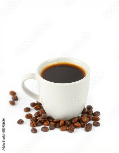 Warm cup of freshly brewed coffee surrounded by roasted beans on a white background