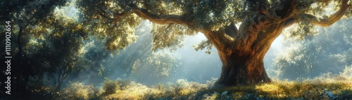 Wallpaper Mural Majestic Oak tree standing tall in a lush forest, capturing the essence of growth with detailed bark textures and intricate green foliage, rendered in vivid watercolor Torontodigital.ca