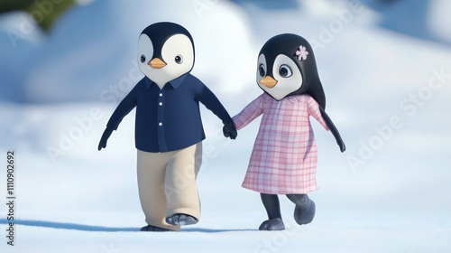 A delightful cartoon penguin couple walking hand in hand, the male in a navy shirt and beige pants, while the female dons a pink plaid dress.  photo