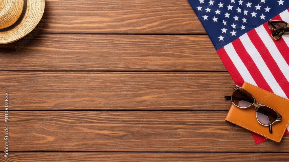 Obraz premium A photostock of a United States flag with a flat lay arrangement featuring travel accessories and a passport on a wooden background. High Quality