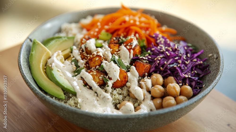 Photo of, A colorful Buddha bowl filled with quinoa, roasted sweet potatoes Photo of, A colorful Buddha bowl filled with quinoa, roasted sweet potatoes