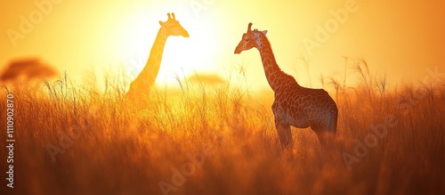 Two giraffes silhouetted against a bright orange sunset in a grassy field. photo