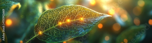 Render a digital painting depicting the intricate patterns of stomata on a leafs surface, illuminated by sunlight photo