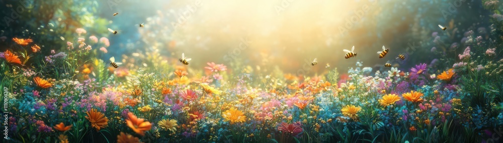 Sunlit meadow with wildflowers in full bloom, bees buzzing, a variety of plants and insects, showcasing the beauty of growth and biodiversity
