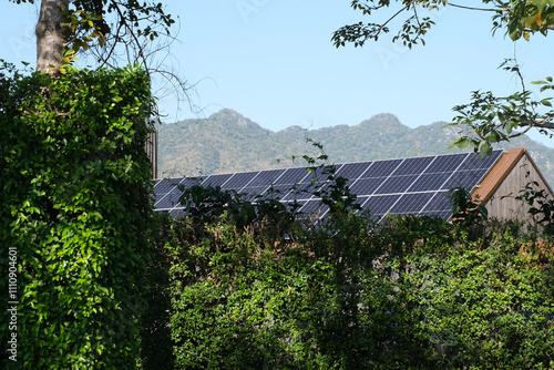 Solar panels on a rooftop surrounded by lush greenery, showcasing sustainable energy amidst beautiful natural scenery.