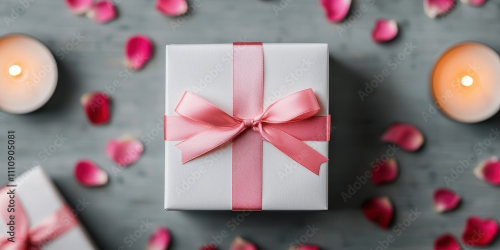 Valentine candlelight and gift idea. Gift box adorned with pink ribbon and surrounded by rose petals and candles. Valentine candlelight and gift idea. Gift box adorned with pink ribbon and surrounded by rose petals and candles.