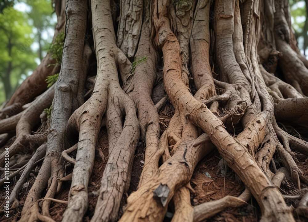 Closeup of textured bark on a mature tree trunk with tree roots, outdoor tree, tree roots, mature tree Closeup of textured bark on a mature tree trunk with tree roots, outdoor tree, tree roots, mature tree