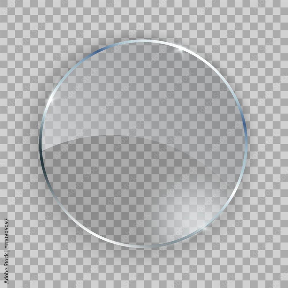 Glass plate, clear glass showcase, circle plastic badge, round glass with reflection glares and light