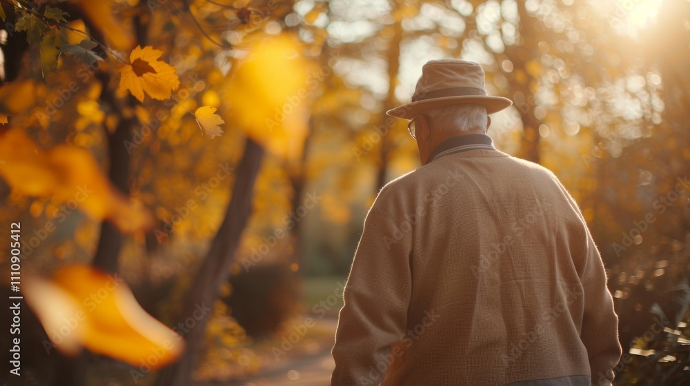 A man wearing a hat and a brown jacket walks through a park. The leaves on the trees are yellow, and the sun is shining brightly. The man is enjoying the beautiful day and the peaceful surroundings A man wearing a hat and a brown jacket walks through a park. The leaves on the trees are yellow, and the sun is shining brightly. The man is enjoying the beautiful day and the peaceful surroundings