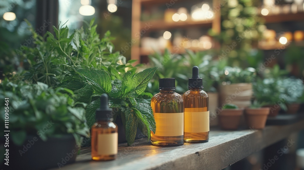 Three amber glass bottles with dropper tops, filled with essential oil, on a wooden shelf, surrounded by green plants. Three amber glass bottles with dropper tops, filled with essential oil, on a wooden shelf, surrounded by green plants.