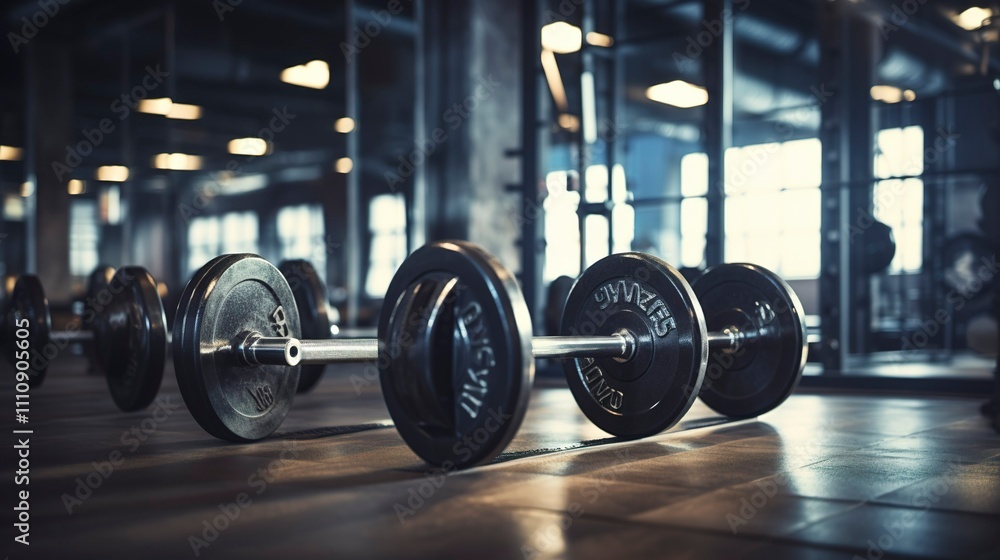 A photo of a set of barbells in a gym. A photo of a set of barbells in a gym.