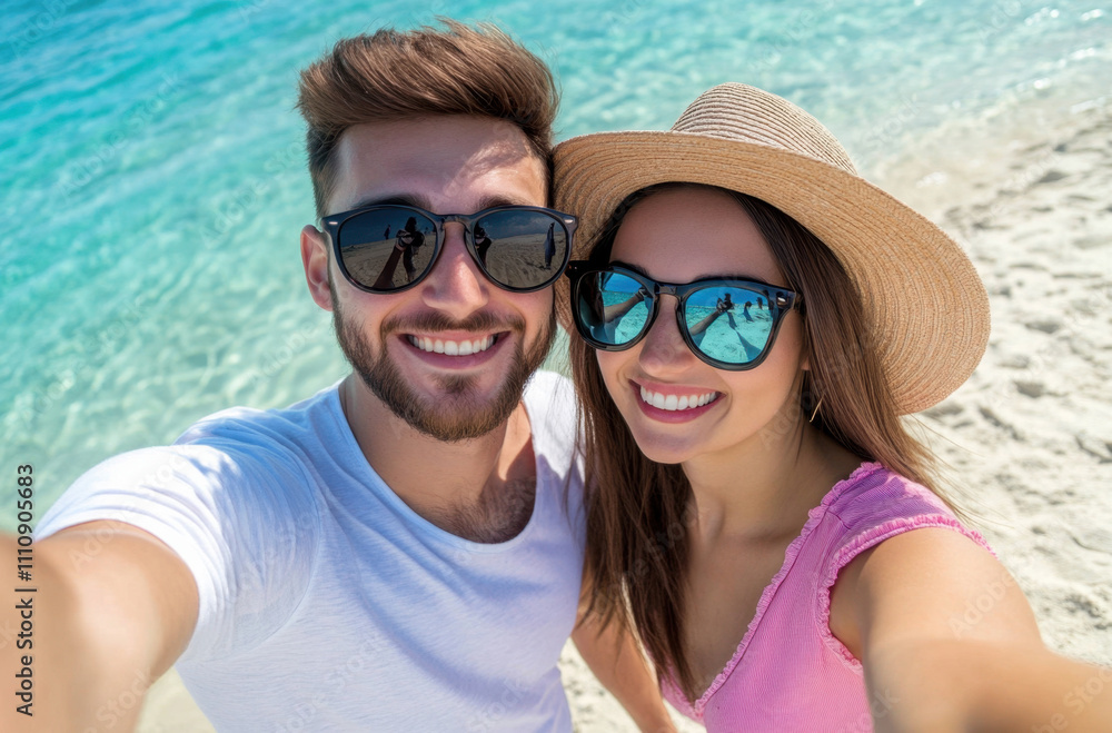 A happy young couple taking a selfie photo at the beach, wearing sunglasses and hats A happy young couple taking a selfie photo at the beach, wearing sunglasses and hats