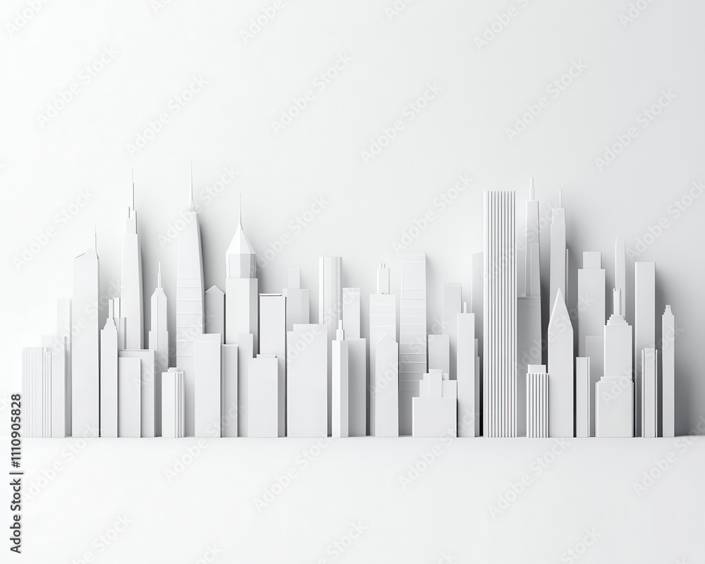 White urban skyline, futuristic city design, 3D illustration White urban skyline, futuristic city design, 3D illustration