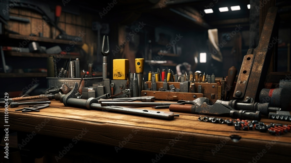 A photo of a set of mechanics tools on a workbench. A photo of a set of mechanics tools on a workbench.