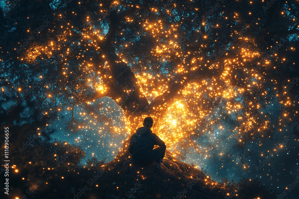 Obraz premium A lone figure contemplates a luminous tree at night