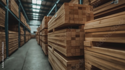 Stacked pine wood planks in a factory setting, showcasing the storage and organization of wooden materials.