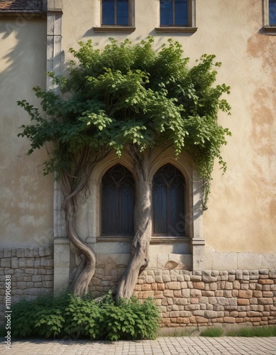 Cluny abbey's facade with a tree growing out of the wall and vines, trees, flowers