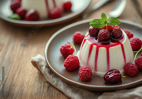 Ricotta Panna Cotta with Red Bing cherries and fresh raspberries on a wooden background photo