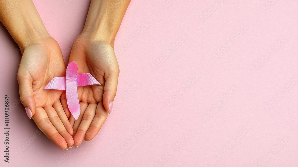 A photostock of hands holding a light pink ribbon over a pastel pink background, styled for breast cancer awareness campaigns. High Quality A photostock of hands holding a light pink ribbon over a pastel pink background, styled for breast cancer awareness campaigns. High Quality