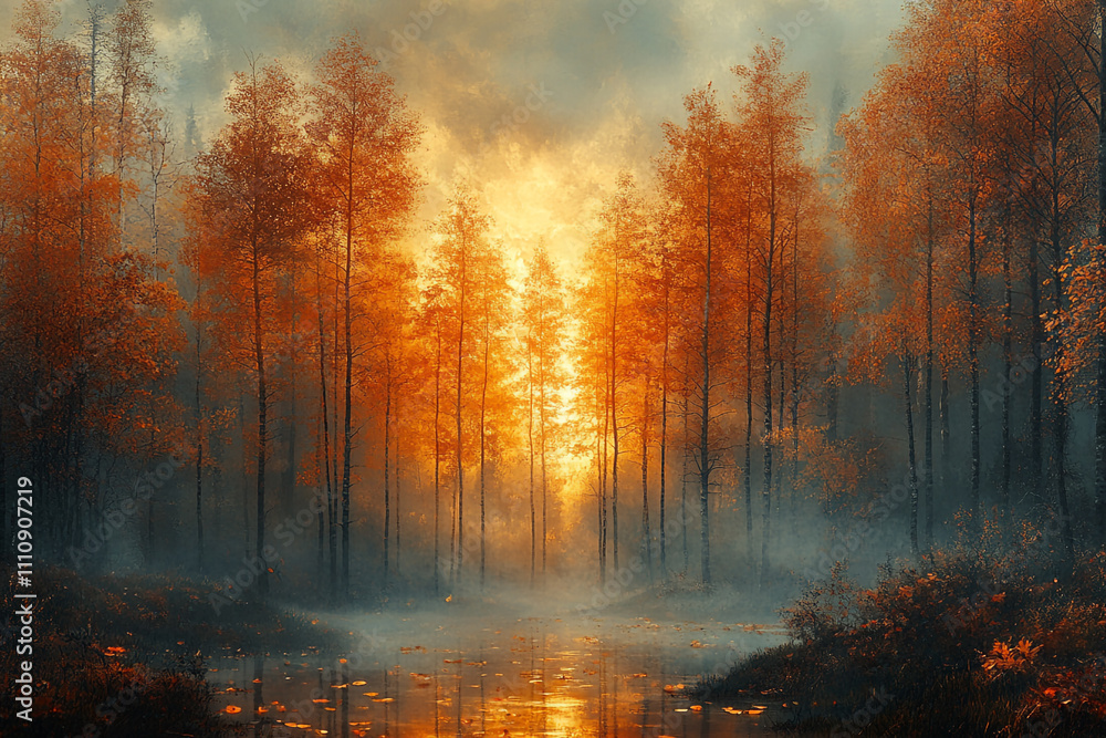 Autumnal Forest Scene With Misty River And Golden Light Autumnal Forest Scene With Misty River And Golden Light