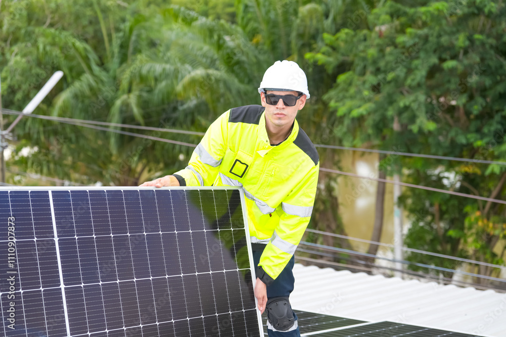 Men technicians mounting photovoltaic solar moduls on roof of house. Men technicians mounting photovoltaic solar moduls on roof of house.