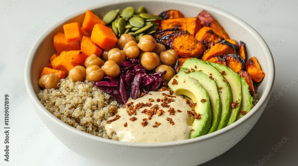 Photo of, A colorful Buddha bowl filled with quinoa, roasted vegetables Photo of, A colorful Buddha bowl filled with quinoa, roasted vegetables