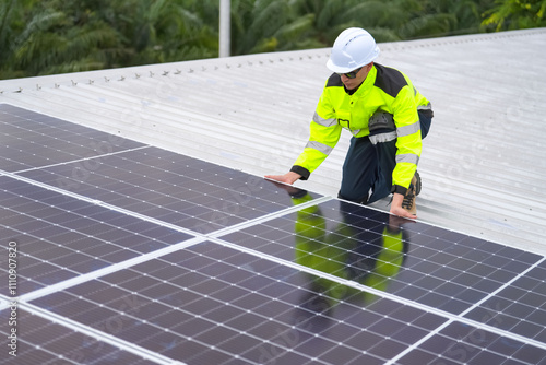 Men technicians mounting photovoltaic solar moduls on roof of house. photo