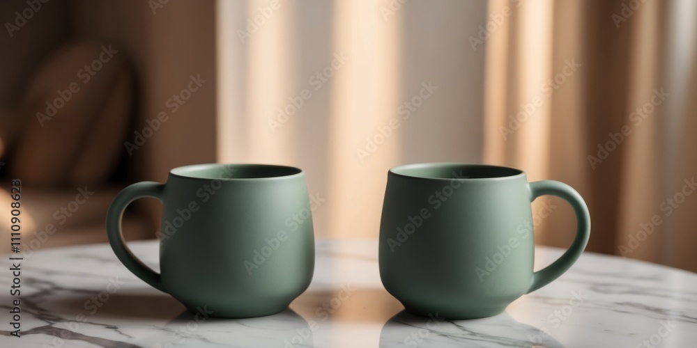 Two green coffee mugs on a marble table in cozy setting. Two green coffee mugs on a marble table in cozy setting.
