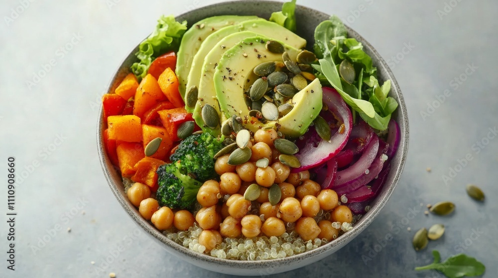 Photo of, A colorful Buddha bowl filled with quinoa, roasted vegetables Photo of, A colorful Buddha bowl filled with quinoa, roasted vegetables