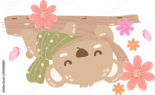 Cute little bear sleeping in a flower garden element