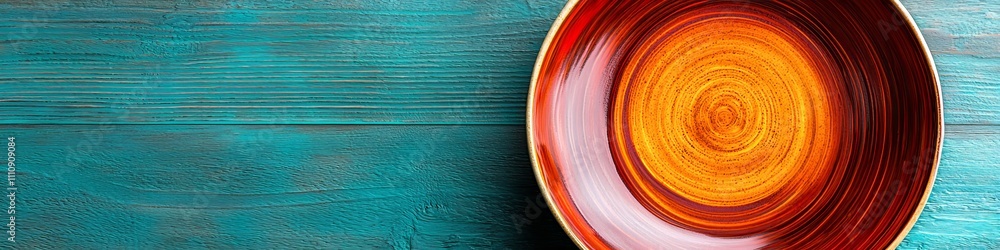 Fototapeta premium Vibrant red and orange ceramic bowl on turquoise wooden surface.