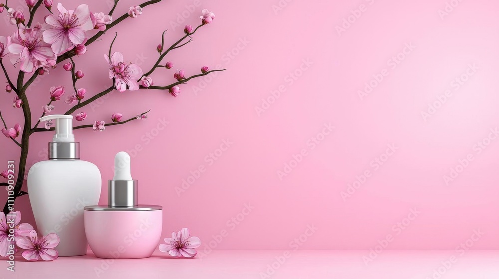 A photostock of pastel skincare products arranged neatly on a pink background with soft shadows and subtle floral decorations. High Quality A photostock of pastel skincare products arranged neatly on a pink background with soft shadows and subtle floral decorations. High Quality