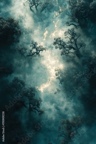 Aerial view of a misty forest with silvery light penetrating through treetops creates a mystical ambiance, ideal for nature-themed projects, fantasy artwork, or backgrounds,