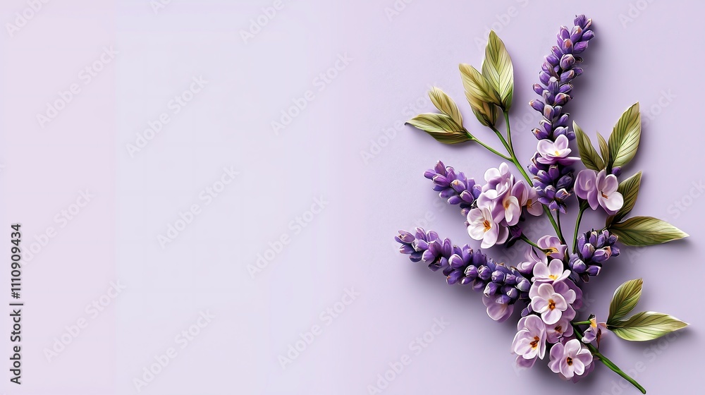 Fototapeta premium Elegant floral arrangement of lavender flowers on soft purple background nature aesthetic close-up