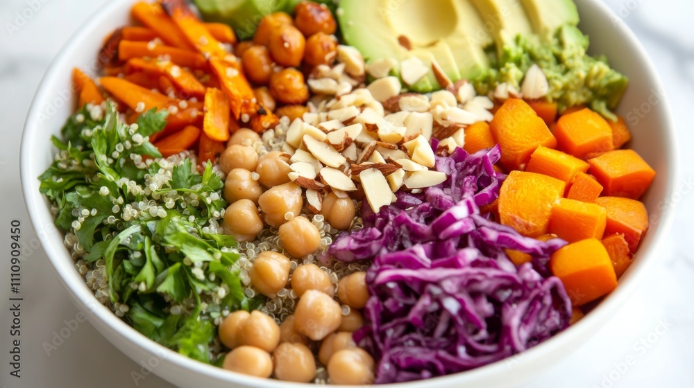 Photo of, A colorful buddha bowl filled with quinoa, roasted vegetables Photo of, A colorful buddha bowl filled with quinoa, roasted vegetables