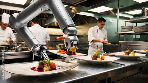 Robotic Arm Plating Gourmet Dishes in Modern Restaurant Kitchen

 photo