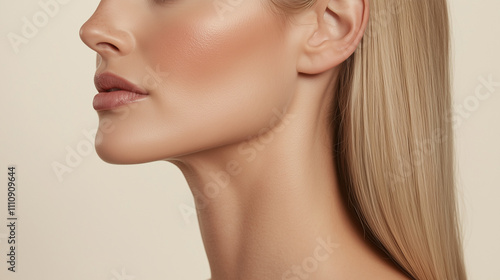 A minimalist portrait of a mature woman with freckled skin and defined features
