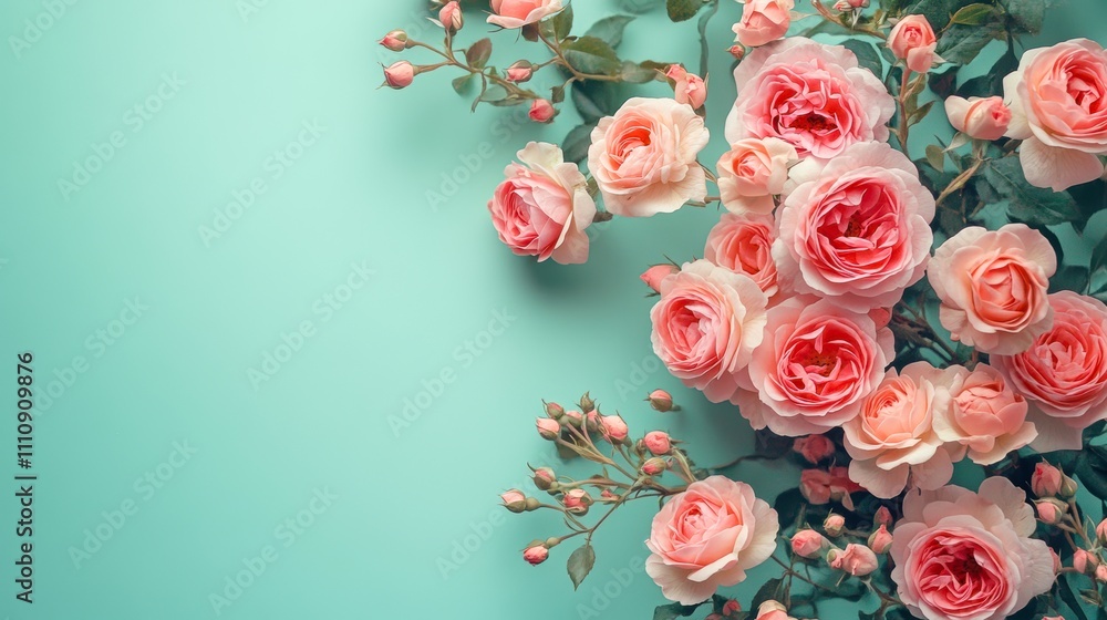 A vibrant arrangement of soft pink roses against a mint green background, perfect for floral-themed projects, invitations, or as a decorative element in any design, Ideal for spring promotions, A vibrant arrangement of soft pink roses against a mint green background, perfect for floral-themed projects, invitations, or as a decorative element in any design, Ideal for spring promotions,