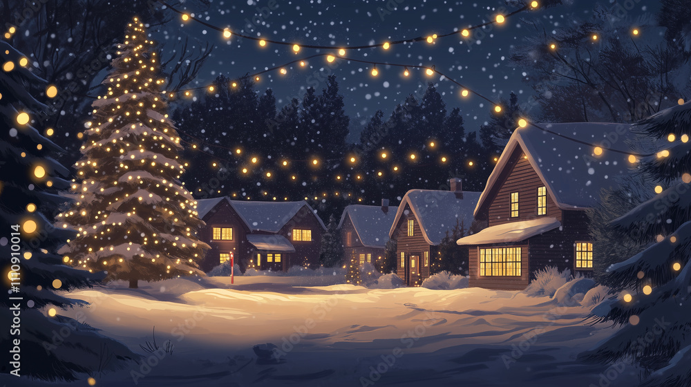 A snowy night with glowing Christmas lights strung between trees, ñute vector illustration, greeting card, website banner A snowy night with glowing Christmas lights strung between trees, ñute vector illustration, greeting card, website banner