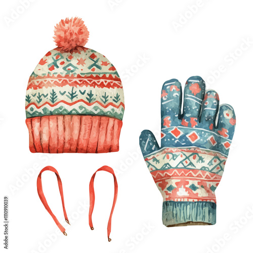 Illustration of Watercolor winter hat and mittens in festive patterns isolated on white background, vector design